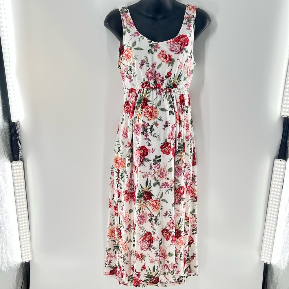 Siren Lily White/Pink/Green Sleeveless Longer Flowing Maternity Sundress-Size L